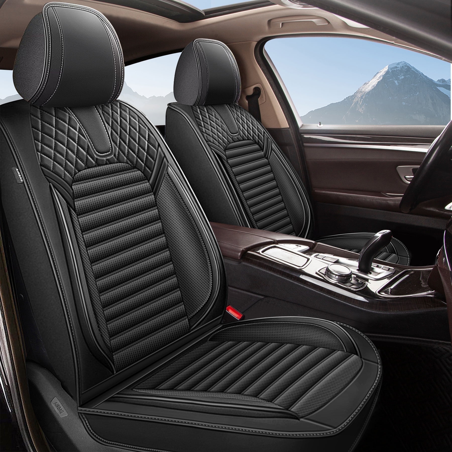 Black Faux Leather Full Set Car Seat Covers with Quilted Design