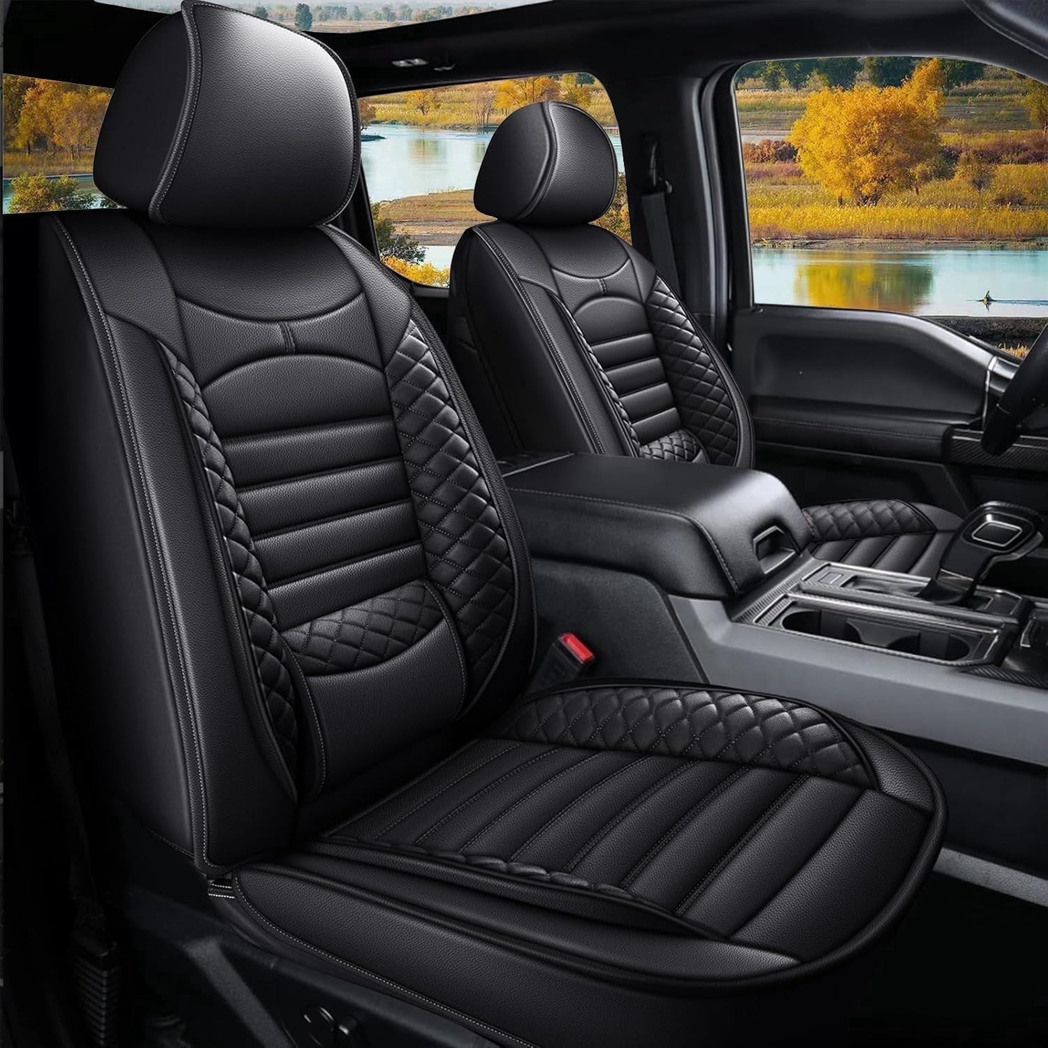 Custom Seat Covers for Ford F150 2009-2026 F250/F350/F450 2017-2026: 5 Seat Full Set Faux Leather Truck Seat Covers Car Cushion (Black)