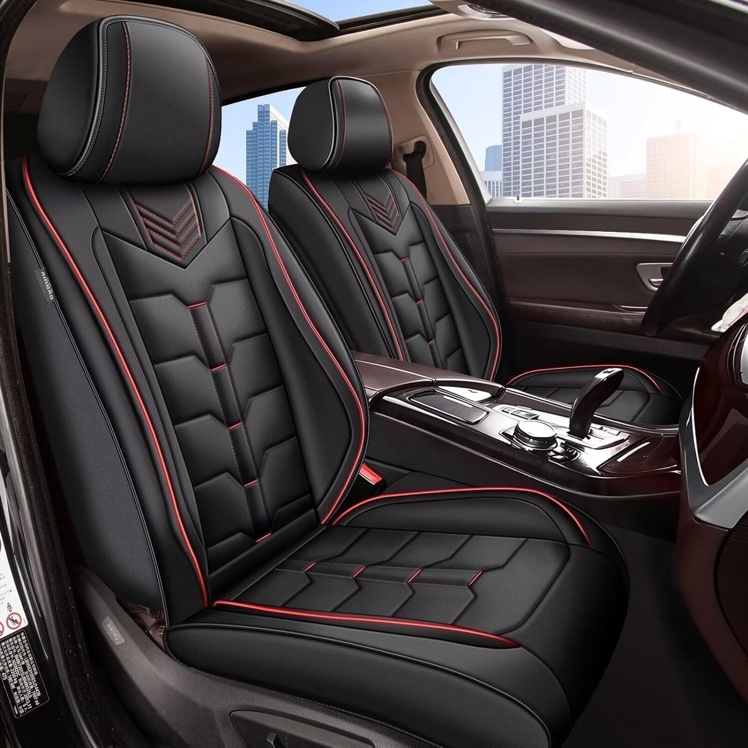 AOMSAZTO Universal Car 5-Seat Covers Front & Rear Full Set Faux Leather (Back&Red) Cushions Fit for Sedan SUVs Trucks