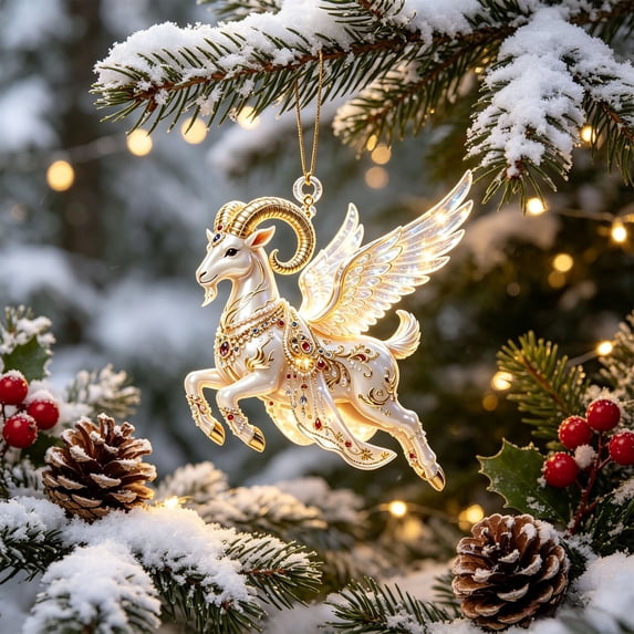 AOMXGD 2D Acrylic Goat Christmas Hanging Ornament With Gold Cord, Tree Mantel Window Wall Indoor Holiday Party Decor