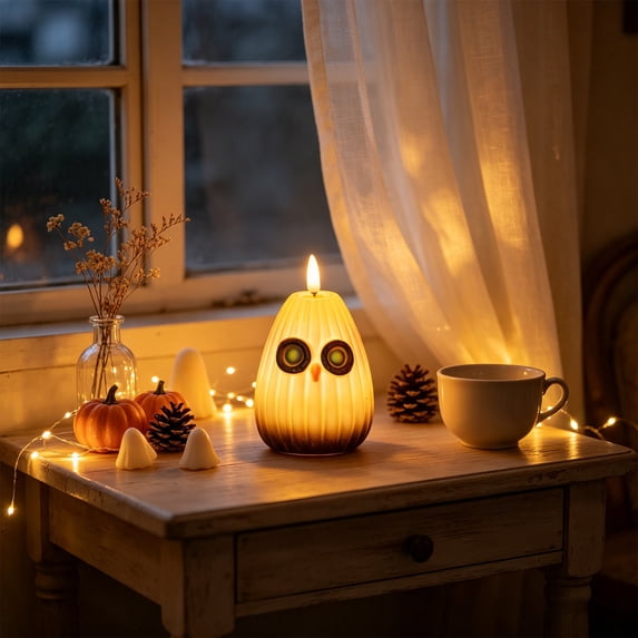 AOMXGD 2Pcs Owl Pumpkin LED Flameless Candles, Flickering Flame Lamp For Halloween Party Window Table Autumn Home Styling