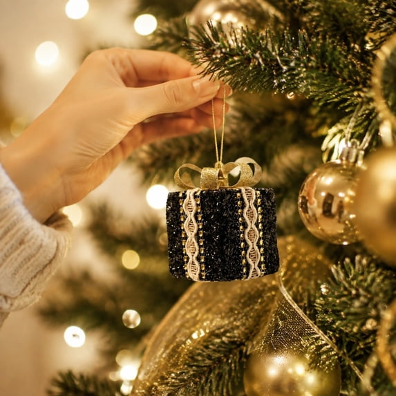 AOMXGD Black Gold Christmas Hanging Ornaments, Glitter Sequined Ball Wreath Gift‑Box‑Style Pendants for Xmas Tree Indoor Holiday Party Decor Supplies
