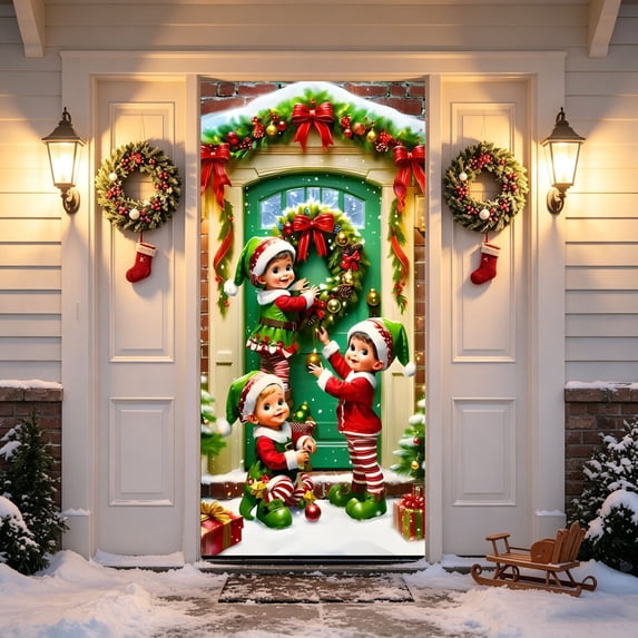 AOMXGD Christmas Door Tapestry, 35.5x71In Xmas Front Door Hanging Fabric Decor,Holiday Cloth Door Curtain For Bedroom Wall And Indoor Party Layout