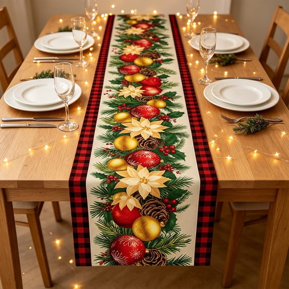 AOMXGD Christmas Linen Table Runner,Multicolor Holiday Print,72.05x12.99 Inch,Dining Table Home Party Decor