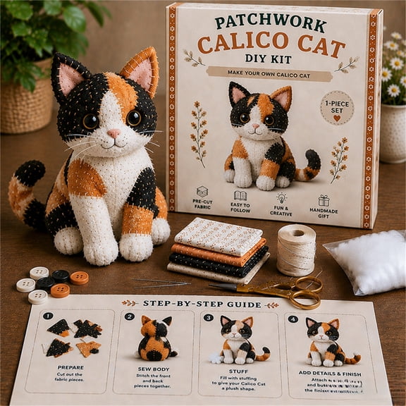 AOMXGD DIY Patchwork Cat Embroidery Craft Kit, Cloth Sewing Material Pack for Handmade Kitten Stuffed Animal Art Project, Creative Hobby Supply