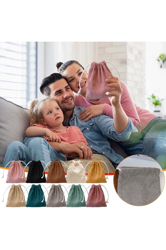 Drawstring Corduroy Multi-Pocket Mini Carry Pouch Large Inner Space Ladies Small Item Sorting Sack for Hair Accessories, Cosmetics, Jewelry and Daily Tiny Belongings