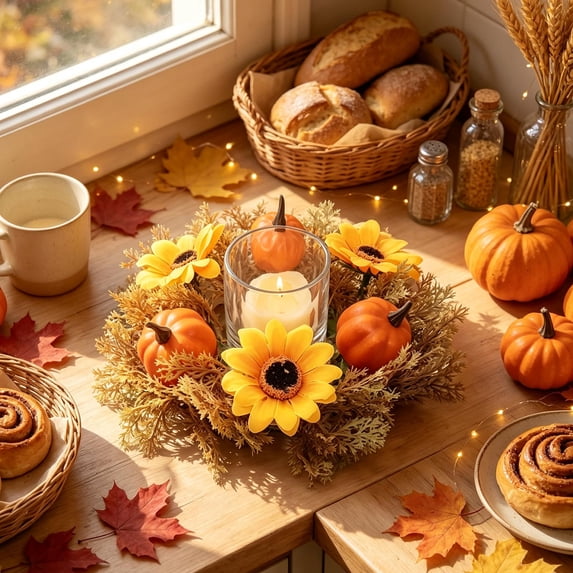 AOMXGD Fall Harvest Candle Ring Wreath, 11.8In Artificial Maple Leaf Pumpkin Table Centerpiece For Thanksgiving Dinner Table Mantel Layout