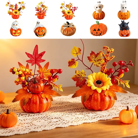 AOMXGD Mini Artificial Pumpkin Table Centerpiece Fall Floral Arrangement With Sunflower Maple Berries For Thanksgiving Halloween Mantel Decor