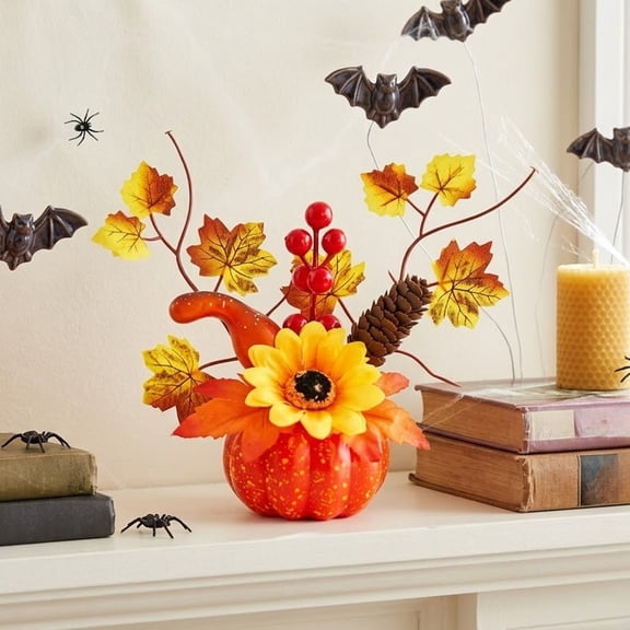 AOMXGD Mini Artificial Pumpkin Table Centerpiece Fall Floral Arrangement With Sunflower Maple Berries For Thanksgiving Halloween Mantel Decor