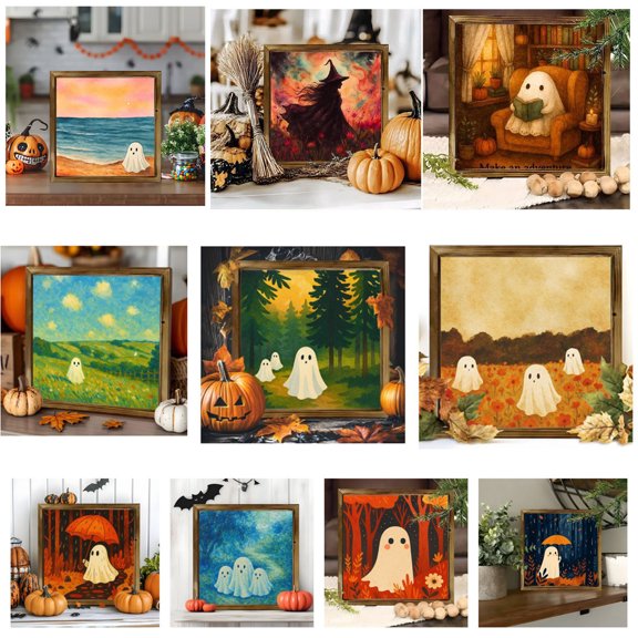AOMXGD Natural Wood Framed Cute Ghost Halloween Wall Art Print, Wooden Framed Illustration Hanging Decor for Bedroom Living Room Entry