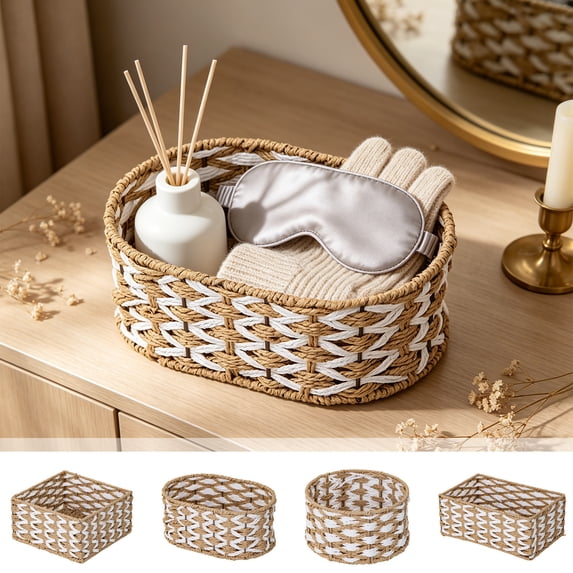 AOMXGD Natural Woven Storage Basket For Desk Coffee Table Snacks Cosmetics Small Items Organizer Tray