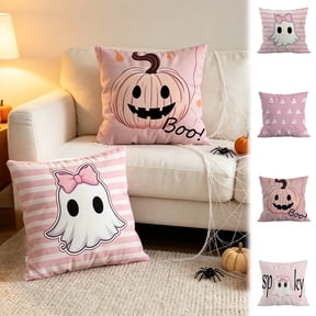 AOMXGD Pink Halloween Throw Pillow Cover With Ghost Pumpkin Pattern, 18x18Inch Decorative Cushion Case For Sofa Bed Couch, Autumn Home & Party Ornament