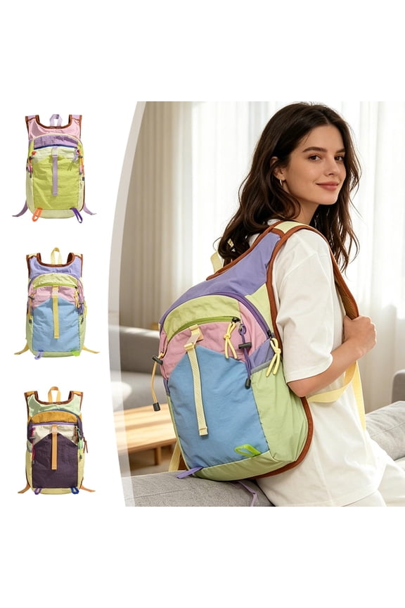 Spacious Light Nylon Outdoor Backpack, Moisture Block Color Block Carry Pack For Camping Trekking Daily Outdoor Trips
