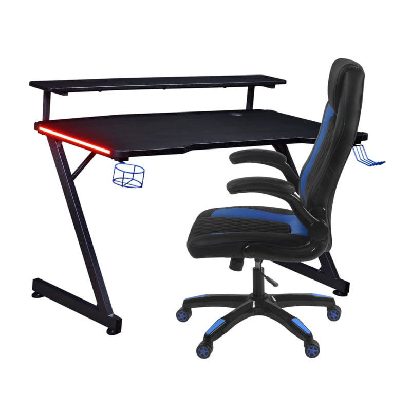 AON Gaming Desk & Gaming Chair Set – LED Carbon Fiber Desk with Riser Shelf and Ergonomic Racing-Style Gaming Chair, Black/ Blue