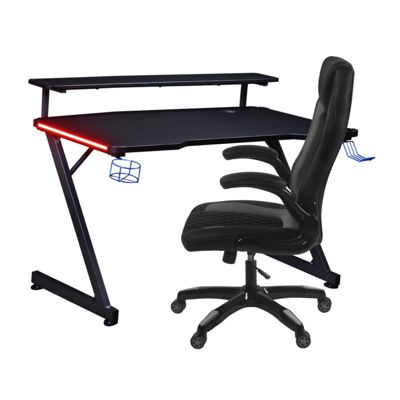AON Gaming Desk & Gaming Chair Set – LED Carbon Fiber Desk with Riser Shelf and Ergonomic Racing-Style Gaming Chair, Black/ Grey