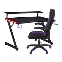 AON Gaming Desk & Gaming Chair Set – LED Carbon Fiber Desk with Riser Shelf and Ergonomic Racing-Style Gaming Chair, Black/ Purple