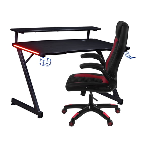 AON Gaming Desk & Gaming Chair Set – LED Carbon Fiber Desk with Riser Shelf and Ergonomic Racing-Style Gaming Chair, Black/ Red