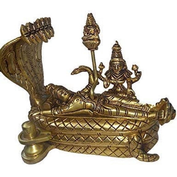 AONA Anantha Padmanabha Idol (Anantha shayanem), Shri Lakshmi Narayan Idol, Maha Vishnu Padmanabhaswamy Brass Statue - 12.8 cm Height, 15.5 cm Length,Golden Color