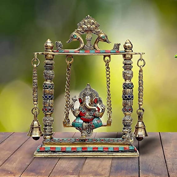 AONA Brass Ganesha on a Swing with Two Bell Holding Chain Statue (10.2 Inches X 8.6 Inches X 3.0 Inches, Golden)