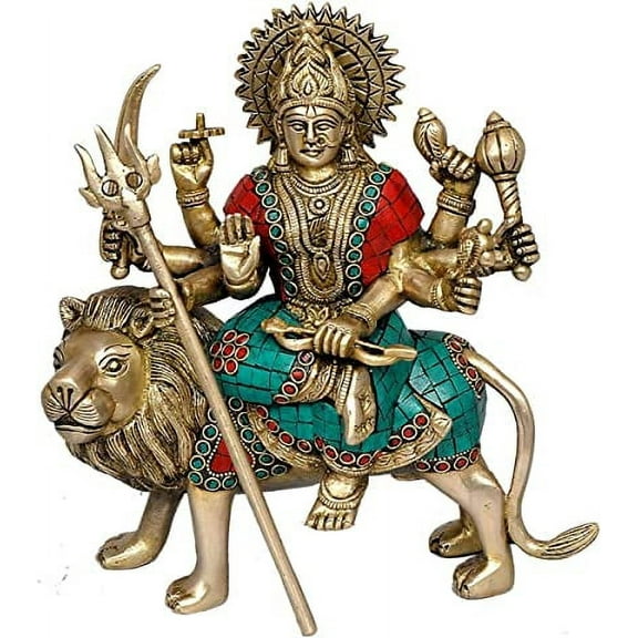 AONA Brass Maa Durga Idol Sitting On Lion Ma Sherwali Murti Devi Statue for Home Mandir Office Living Room Shop Gift Navratra Puja Multicolor Stone Work Color Height 9 Inches