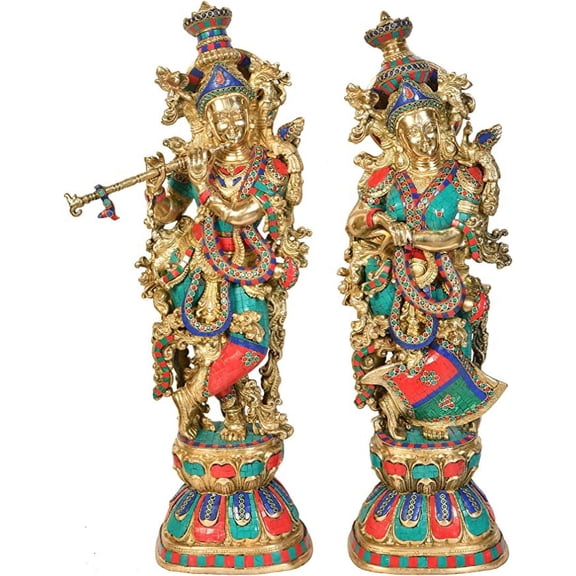 AONA Brass Pair of Radha Krishna - Big Size - Brass Radha Krishna Kishan Murti Idol Statue Sculpture (29") (Big Radha Krishna) (Black Gold)