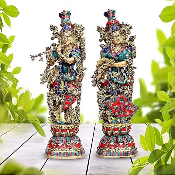 AONA Brass Pair of Radha Krishna - Big Size - Brass Radha Krishna Kishan Murti Idol Statue Sculpture (29") (Big Radha Krishna) (Brown)