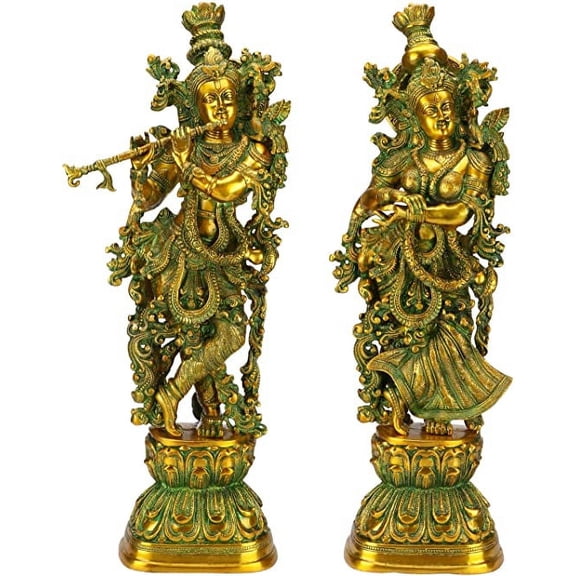 AONA Brass Pair of Radha Krishna - Big Size - Brass Radha Krishna Kishan Murti Idol Statue Sculpture (29") (Big Radha Krishna) (Green)