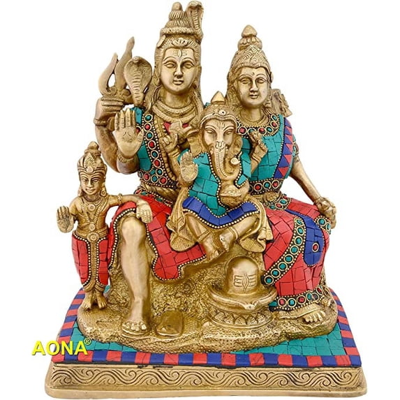 AONA® Brass Shiva Parvati Shiv Parivar Bholenath Shankar Bhagwan Ganesh Family Murti Idol Statue Sculpture Multicolor Home Decor Height 10 Inches