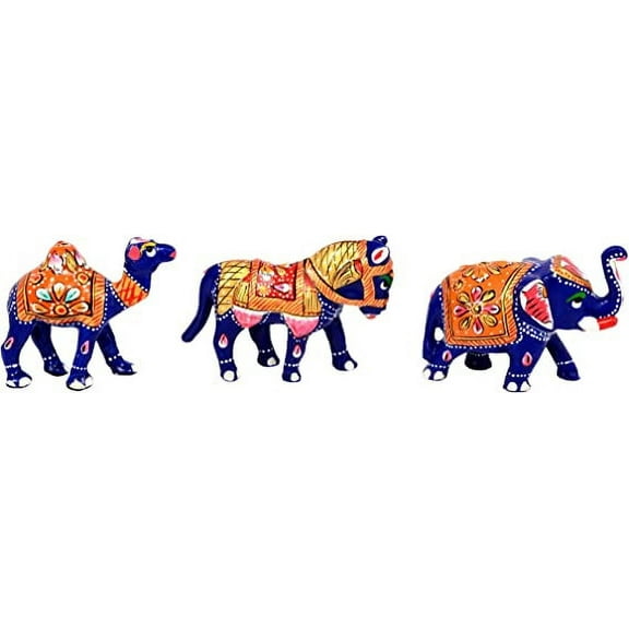 AONA Hand Carved Wooden Painted Horse Elephant Camel Handicraft- Unique Indian Handmade Camel Elephant Horse Sculpture - Perfect Home Decor Statues, Set of 3 Pcs