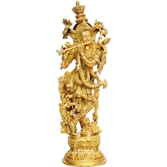 AONA Lord Murli Manohar Krishna Krishan Brass Statue Murti Gift & Home Dcor Big Size- Height 15 Inches