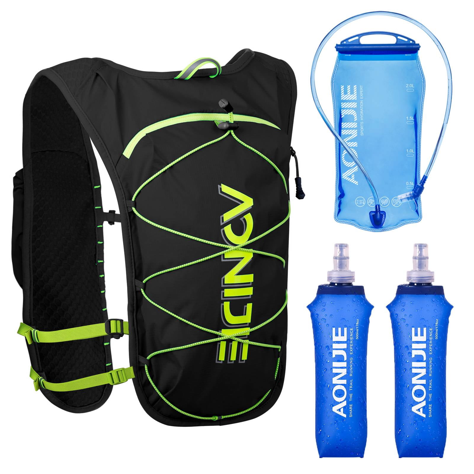 AONIJIE 5L Lightweight Hydration Pack Running Vest with 2*250ml Soft Flask & 1.5L Water Bladder(Black)
