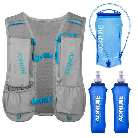 AONIJIE 5L Lightweight Hydration Pack Running Vest with 2*250ml Soft Flask & 1.5L Water Bladder(Gray)