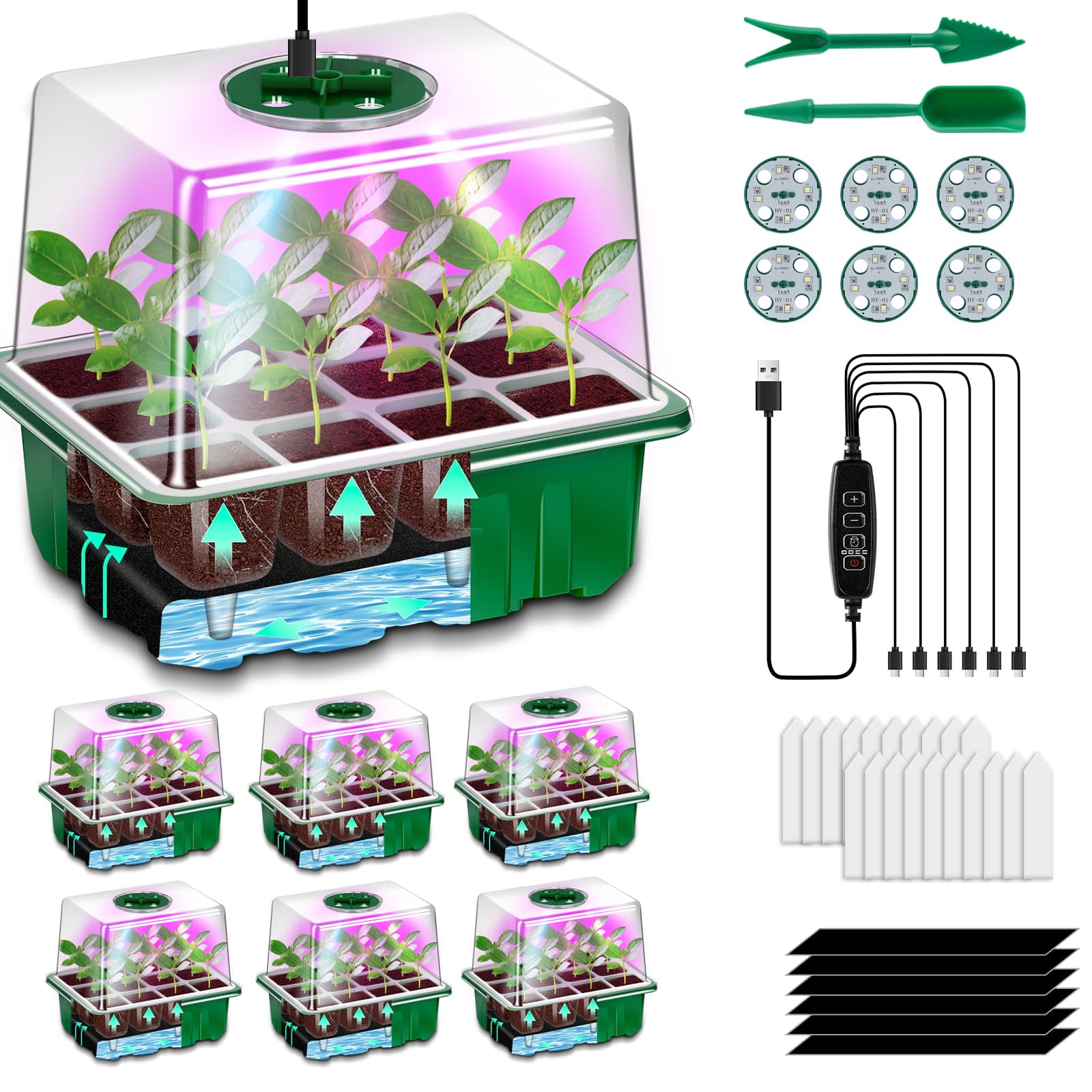 AONYIYI Seed Starter Tray with Grow MVR1&nbsp;Light,6 Pack 72 Cells Self-Watering Seed Starter Kit,Smart Timer Seedling Starter Kit with Humidity Dome with 10 Labels,Reusable Plastic Germination Trays