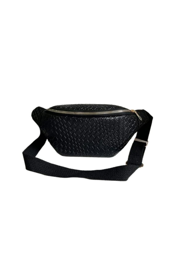 Waist Fanny Pack, Unisex Crossbody Bag,PU Belly Bag,Black Retro Woven