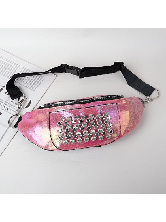 Waist Fanny Pack, Unisex Crossbody Bag,PU Belly Bag,Rhinestone,Pink