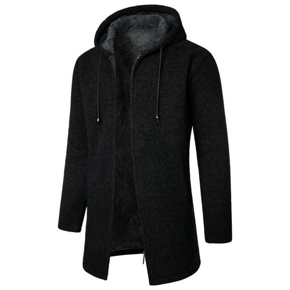 AOOCHASLIY 2023 Men Fall Coat Men's Solid Color Long Hooded Knitting Plush and Thicken Fashion Solid Color Sweater Coat