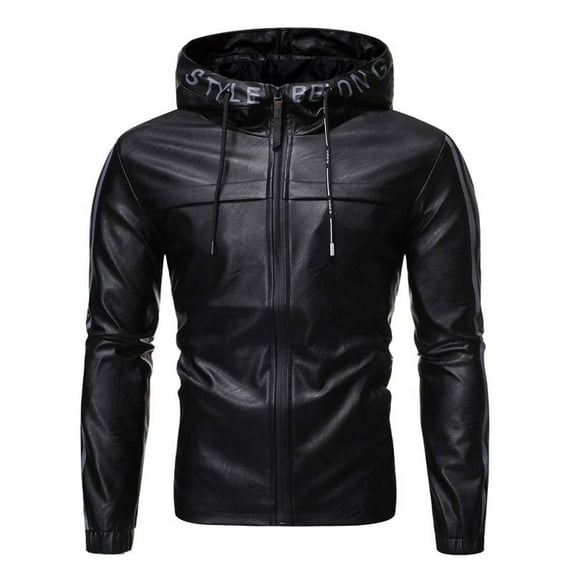 AOOCHASLIY 2023 Men Fall Coat New Men's Casual Leather Jacket Youth Solid Color Hoodie Leather Jacket Long Sleeve Hooded Casual Outwear Jackets