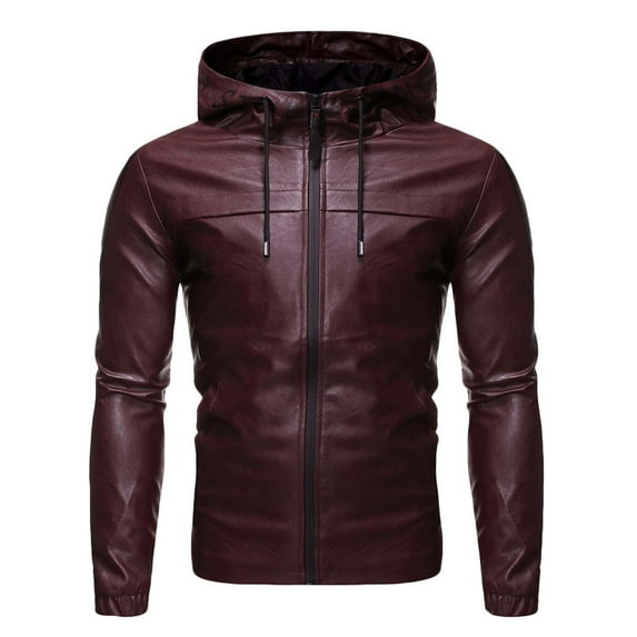 AOOCHASLIY 2023 Men Fall Coat New Men's Casual Leather Jacket Youth Solid Color Hoodie Leather Jacket Long Sleeve Hooded Casual Outwear Jackets