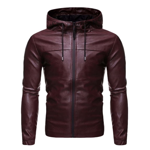 AOOCHASLIY 2023 Men Fall Coat New Men's Casual Leather Jacket Youth Solid Color Hoodie Leather Jacket Long Sleeve Hooded Casual Outwear Jackets