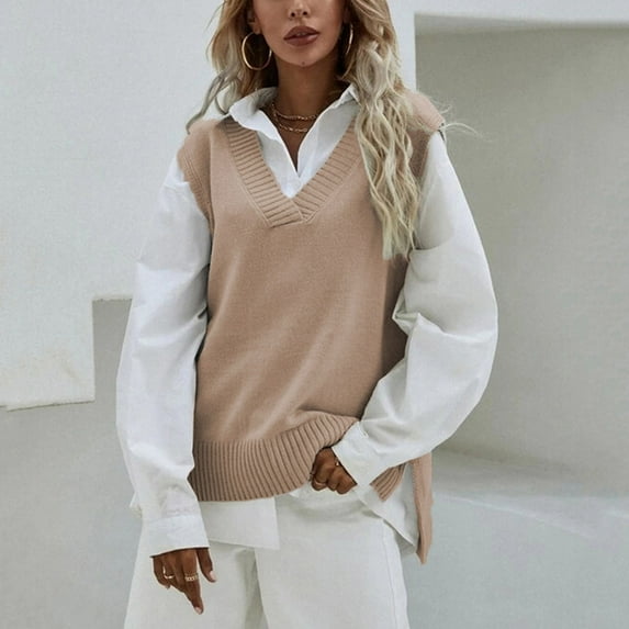 AOOCHASLIY 2023 Women Tops Ladies Vest Sweater Slim V-Neck Sleeveless Hooded Casual Vest Knit Sweater