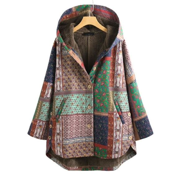 AOOCHASLIY 2023 Women Tops Woman's Casual Printing Plush Pockets Buttons Long Sleeve Hooded Plush Coat Top