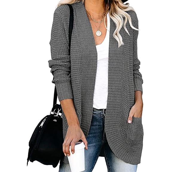 AOOCHASLIY 2023 Women Tops Women Casual Soild Long Sleeve Pocket Plush Long Knit Sweater Cardigan