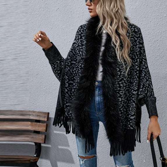 AOOCHASLIY 2023 Women Tops Women Fashion Casual Knitted Leopard Print Collar Tassels Sweater Long Sleeve Cardigan Tops