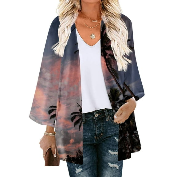 AOOCHASLIY 2023 Women Tops Women's Floral Print Puff Sleeve Kimono Cardigan Loose Chiffon Cover Up Casual Blouse Tops