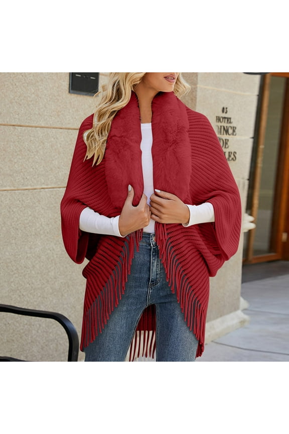 2023 Women Tops Women's Knitted Cape Coat with Collar Fringe Shawl