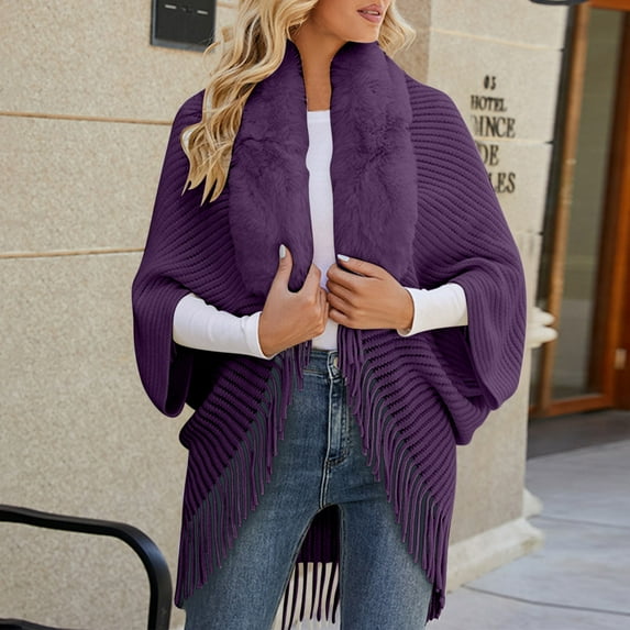 AOOCHASLIY 2023 Women Tops Women's Knitted Cape Coat with Collar Fringe Shawl