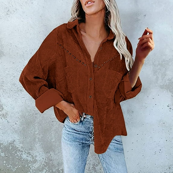 AOOCHASLIY 2023 Women Tops Women's Pockets Buttons Long Sleeve Tops Outwear Solid Color Turn-down Collar Corduroy Jacket Coat