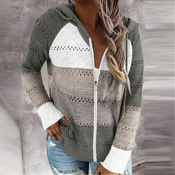 AOOCHASLIY 2023 Women Tops Women‘s Winter Casual Color Blocking V-Neck Long Sleeve Pullover Knitted Hooded Sweater Top Blouse Sweater Coat