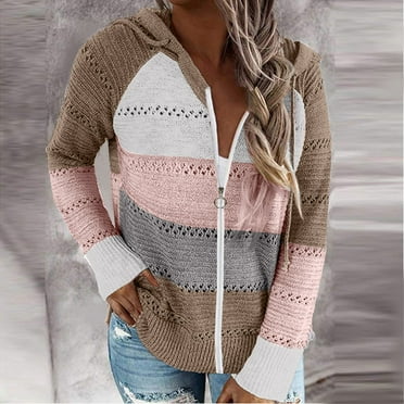 AOOCHASLIY 2023 Women Tops Women‘s Winter Casual Color Blocking V-Neck Long Sleeve Pullover Knitted Hooded Sweater Top Blouse Sweater Coat