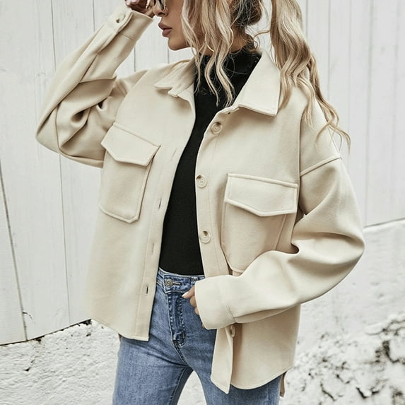 AOOCHASLIY 2023 Women Winter Coat Women Fashion Casual Solid Color Buttons Tops Turndown Collar Long Sleeve Hoodless Casual Outwear